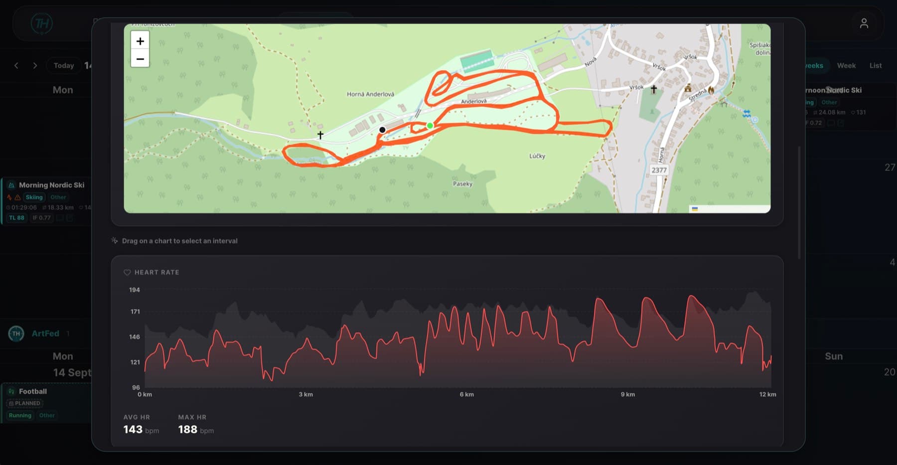 Session detail from Strava with route map, heart-rate chart and splits